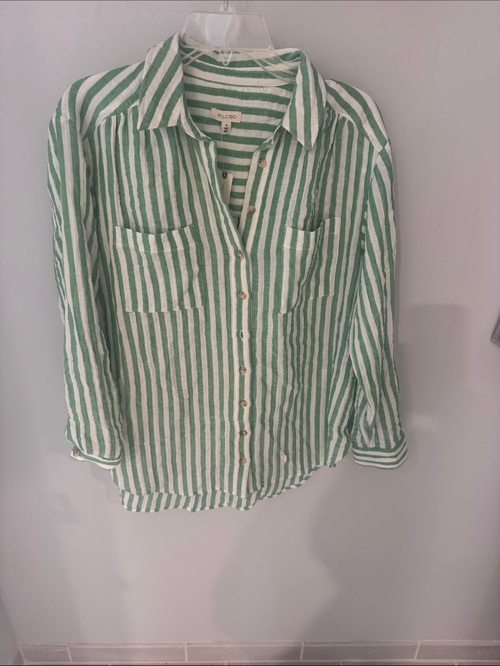 Pilcro Green & White Vertical Stripe Button-Down Shirt